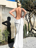 Plataz White Bodycon Backless Draped Spaghetti Strap Lace Up Photoshoot Party Maternity Maxi Dress Maternity