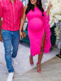 Plataz One Shoulder Feather Splicing Side Slit Bodycon Evening Maternity Baby Shower Midi Dress Maternity