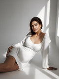 Plataz White Off Shoulder Ruched Drawstring Lantern Sleeve Bodycon Elegant Maternity Photoshoot Baby Shower Mini Dress Maternity