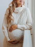 Plataz Beige Knitted High Neck Casual Daily Oversized Maternity Photoshoot Baby Shower Mini Dress Maternity