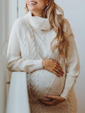 Plataz Beige Knitted High Neck Casual Daily Oversized Maternity Photoshoot Baby Shower Mini Dress Maternity