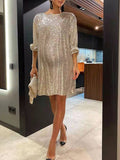 Plataz Sequin Sparkly Long Sleeve Belt Round Neck Photoshoot Formal Babyshower Maternity Mini Dress Maternity
