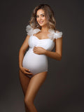 Plataz White Tulle Bow Lace-up Bodycon One-Pieces Bikini Beach Holiday Swimwear Elegant Maternity Photoshoot Bodysuit Maternity