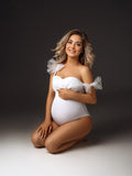 Plataz White Tulle Bow Lace-up Bodycon One-Pieces Bikini Beach Holiday Swimwear Elegant Maternity Photoshoot Bodysuit Maternity