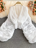 Plataz Belly Friendly Loose Puff Sleeve Props Accessories Sheer Photography Babyshower Maternity Pleated Top Maternity