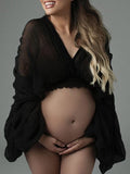 Plataz Belly Friendly Loose Puff Sleeve Props Accessories Sheer Photography Babyshower Maternity Pleated Top Maternity