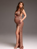 Plataz Rose Gold Glitter Sparkly Backless Slit Tie Back Photoshoot Party Maternity Maxi Dress Maternity