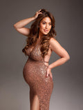 Plataz Rose Gold Glitter Sparkly Backless Slit Tie Back Photoshoot Party Maternity Maxi Dress Maternity