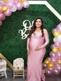 Plataz Pink Off Shoulder Long Sleeve High Split Bodycon Baby Shower Party Gown Pregnancy Maternity Maxi Dress Maternity