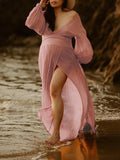 Plataz Slit Deep V-neck Lantern Sleeve Elegant Photoshoot Maternity Maxi Dress Maternity