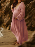 Plataz Slit Deep V-neck Lantern Sleeve Elegant Photoshoot Maternity Maxi Dress Maternity