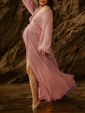 Plataz Slit Deep V-neck Lantern Sleeve Elegant Photoshoot Maternity Maxi Dress Maternity
