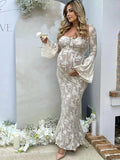 Plataz White Lace Corset Square Neck Flare Sleeve Off Shoulder Bodycon Elegant Cocktail Party Maternity Photoshoot Baby Shower Maxi Dress Maternity