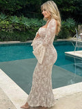 Plataz White Lace Corset Square Neck Flare Sleeve Off Shoulder Bodycon Elegant Cocktail Party Maternity Photoshoot Baby Shower Maxi Dress Maternity