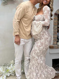 Plataz White Lace Corset Square Neck Flare Sleeve Off Shoulder Bodycon Elegant Cocktail Party Maternity Photoshoot Baby Shower Maxi Dress Maternity
