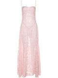 Plataz Pink Spaghetti Strap Backless Sheer Big Swing Chic Maternity Maxi Dress Maternity