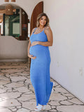 Plataz Blue Spaghetti Strap Backless Crochet Mermaid Bandage Bodycon Vacation Photoshoot Maternity Maxi Dress Maternity