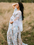 Plataz Boho Lace Splicing Tassel Embroidery V-Neck Flare Sleeve Sheer Photoshoot Maternity Maxi Dress Maternity