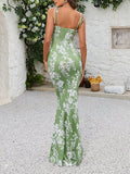 Plataz Spaghetti Strap Backless Floral Printing Lace-up Bandage Mermaid Bodycon Vacation Maternity Maxi Dress Maternity