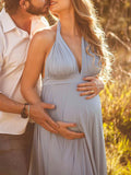 Plataz Spaghetti Strap Backless Tie Back High Waist Boho Photoshoot Maternity Maxi Dress Maternity