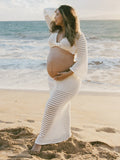 Plataz White Tie Front Crop V-Neck Crochet Beach Vacation Photoshoot Maternity Maxi Dress Maternity