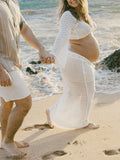 Plataz White Tie Front Crop V-Neck Crochet Beach Vacation Photoshoot Maternity Maxi Dress Maternity