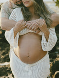 Plataz White Tie Front Crop V-Neck Crochet Beach Vacation Photoshoot Maternity Maxi Dress Maternity