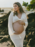 Plataz White Tie Front Crop V-Neck Crochet Beach Vacation Photoshoot Maternity Maxi Dress Maternity