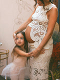 Plataz White Lace Cut Out Crop Hollow Irregular 2-in-1 Babyshower Maternity Maxi Dress Maternity