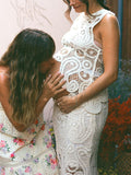 Plataz White Lace Cut Out Crop Hollow Irregular 2-in-1 Babyshower Maternity Maxi Dress Maternity