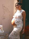 Plataz White Lace Cut Out Crop Hollow Irregular 2-in-1 Babyshower Maternity Maxi Dress Maternity