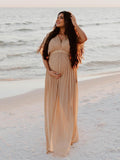 Plataz V-Neck Linen Cotton Bohemian Backless Thigh High Side Slits Tassel Vacation Photoshoot Maternity Maxi Dress Maternity