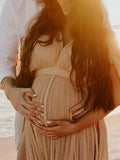 Plataz V-Neck Linen Cotton Bohemian Backless Thigh High Side Slits Tassel Vacation Photoshoot Maternity Maxi Dress Maternity