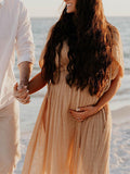 Plataz V-Neck Linen Cotton Bohemian Backless Thigh High Side Slits Tassel Vacation Photoshoot Maternity Maxi Dress Maternity