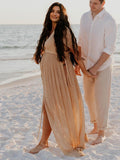Plataz V-Neck Linen Cotton Bohemian Backless Thigh High Side Slits Tassel Vacation Photoshoot Maternity Maxi Dress Maternity