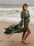 Plataz V-Neck Linen Cotton Bohemian Backless Thigh High Side Slits Tassel Vacation Photoshoot Maternity Maxi Dress Maternity