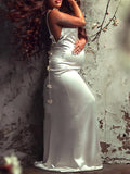 Plataz White 3D Flowers Cami Backless V-neck Mermaid Evening Elegant Wedding Gown Maternity Photoshoot Baby Shower Maxi Dress Maternity