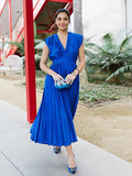 Plataz Blue Satin Pleated Deep V-neck Sleeveless Big Swing Elegant Work Wedding Guest Maternity Photoshoot Baby Shower Maxi Dress Maternity