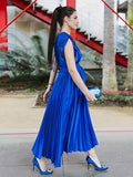 Plataz Blue Satin Pleated Deep V-neck Sleeveless Big Swing Elegant Work Wedding Guest Maternity Photoshoot Baby Shower Maxi Dress Maternity