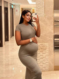 Plataz Solid Color Round Neck Short Sleeve Bodycon Chic Basic Going Out Daily Maternity Baby Shower Maxi Dress Maternity
