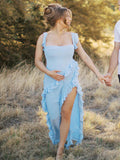 Plataz Solid Color Ruffled Side Slit Tank Square Neck Elegant Maternity Maxi Dress Maternity