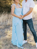 Plataz Solid Color Ruffled Side Slit Tank Square Neck Elegant Maternity Maxi Dress Maternity