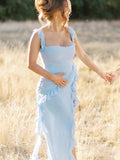 Plataz Solid Color Ruffled Side Slit Tank Square Neck Elegant Maternity Maxi Dress Maternity