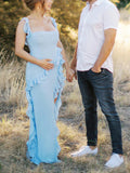 Plataz Solid Color Ruffled Side Slit Tank Square Neck Elegant Maternity Maxi Dress Maternity