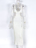 Plataz White Crochet Cut Out Backless Halter Neck Bodycon Chic Vacation Open Belly Maternity Dress Maternity