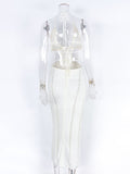Plataz White Crochet Cut Out Backless Halter Neck Bodycon Chic Vacation Open Belly Maternity Dress Maternity
