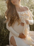 Plataz Apricot Off Shoulder Side Slit Ruffle Falbala Draped Elegant Going Out Maternity Photoshoot Baby Shower Maxi Dress Maternity