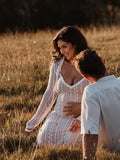 Plataz Ivory Lace Two Piece Set Side Slit V-neck Cami Maxi Dress And Crop Cardigan Elegant Going Out Maternity Photoshoot Baby Shower Maxi Dress Maternity