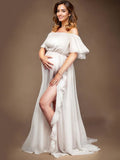 Plataz Solid Color Off Shoulder Backless Ruffle Side Slit Chiffon Photoshoot Maternity Maxi Dress Maternity