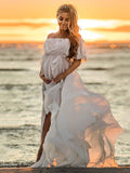 Plataz Solid Color Off Shoulder Backless Ruffle Side Slit Chiffon Photoshoot Maternity Maxi Dress Maternity